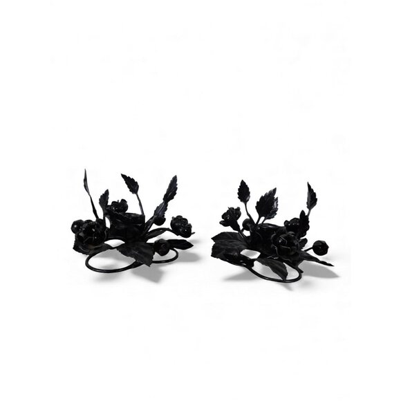 Pair Black Wrought Iron Rose Candle Holder Centerpieces Floral Decor Table - Picture 8 of 8